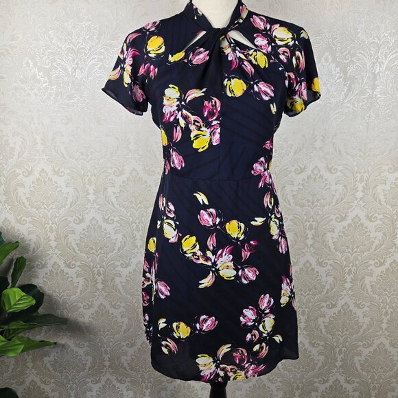 Banana Republic Size 2P Navy Blue Floral Minidress High Neck Cutout Detail - Picture 1 of 16